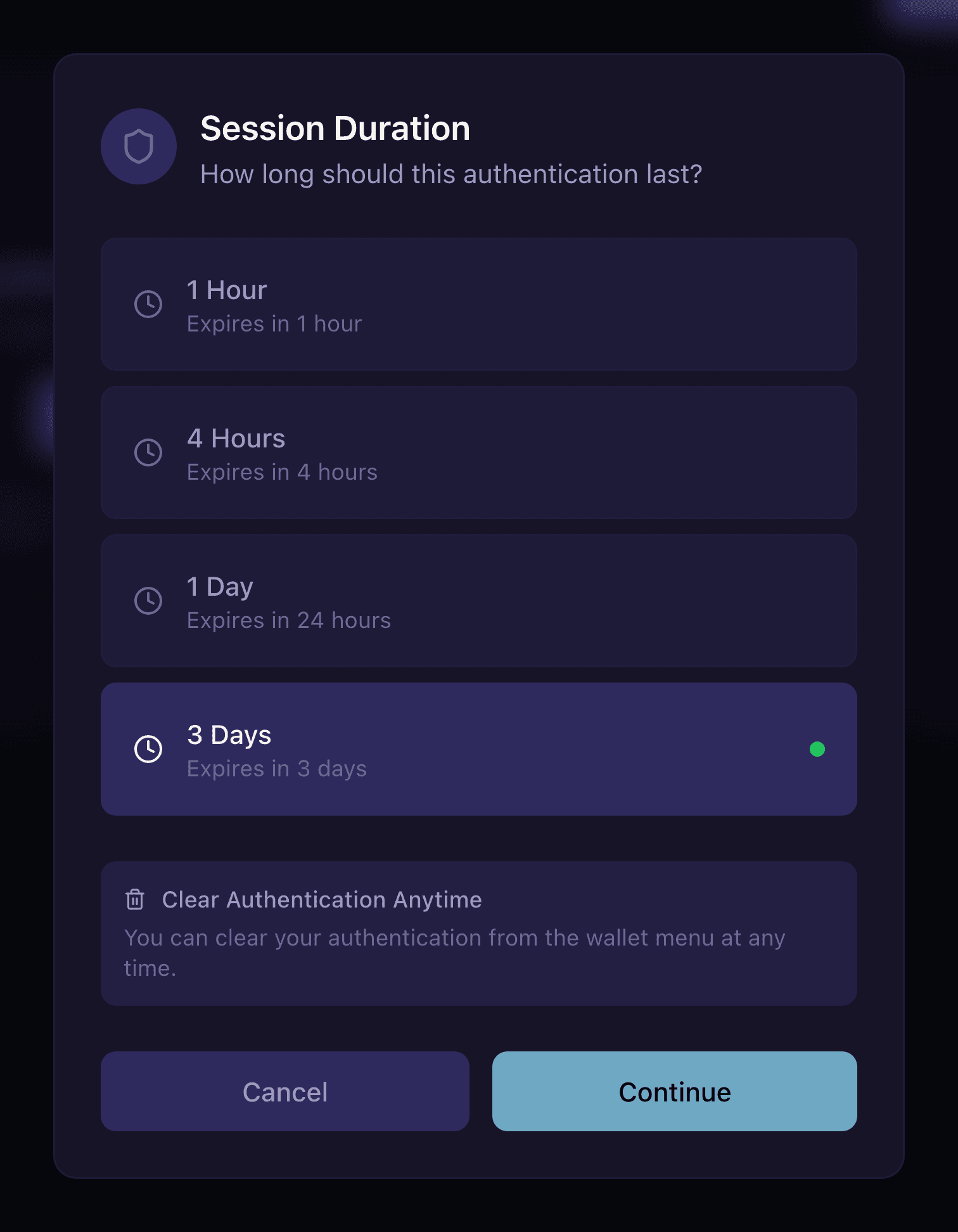 The Session Duration modal with options for 1 Hour, 4 Hours, 1 Day, and 3 Days