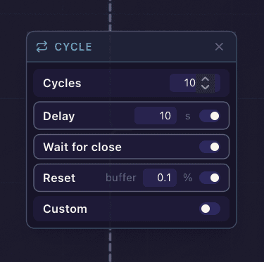 The cycle panel with cycles, delay, wait-for-close, reset buffer, and custom trigger options