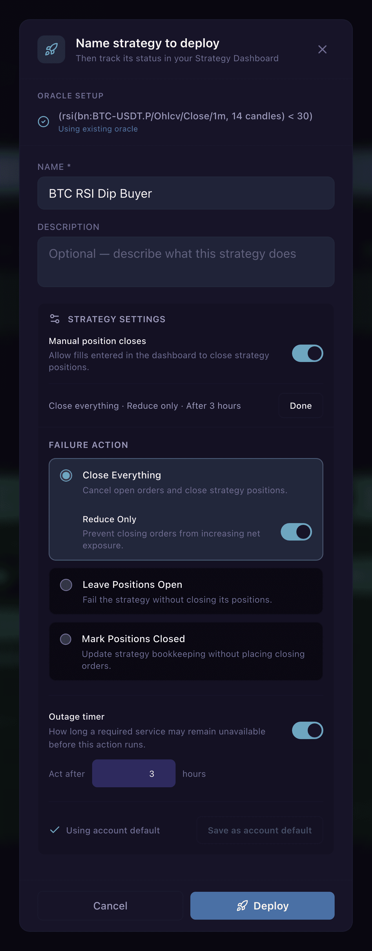 The expanded Strategy settings editor: the Manual position closes toggle, the three failure actions with Reduce Only, and the outage timer
