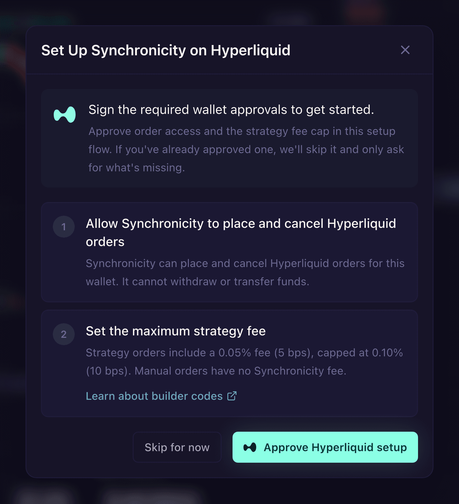 The Hyperliquid setup dialog: approve the trading agent and the builder-code cap