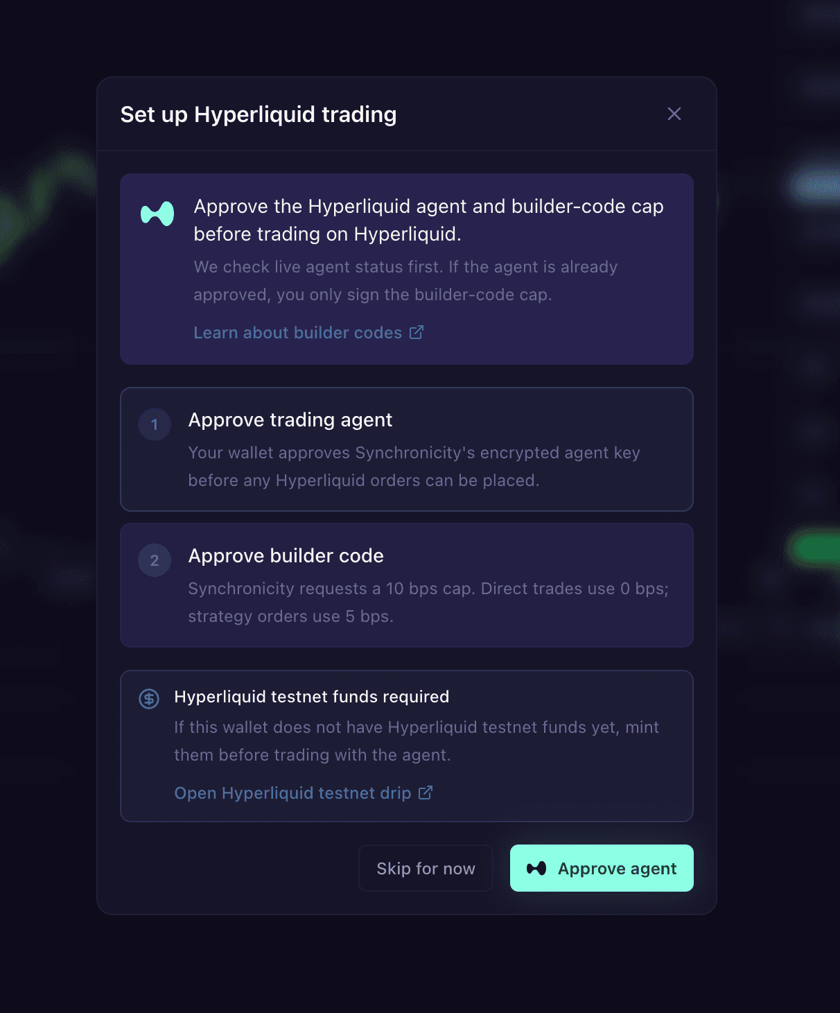 The Hyperliquid setup dialog: approve the trading agent and the builder-code cap