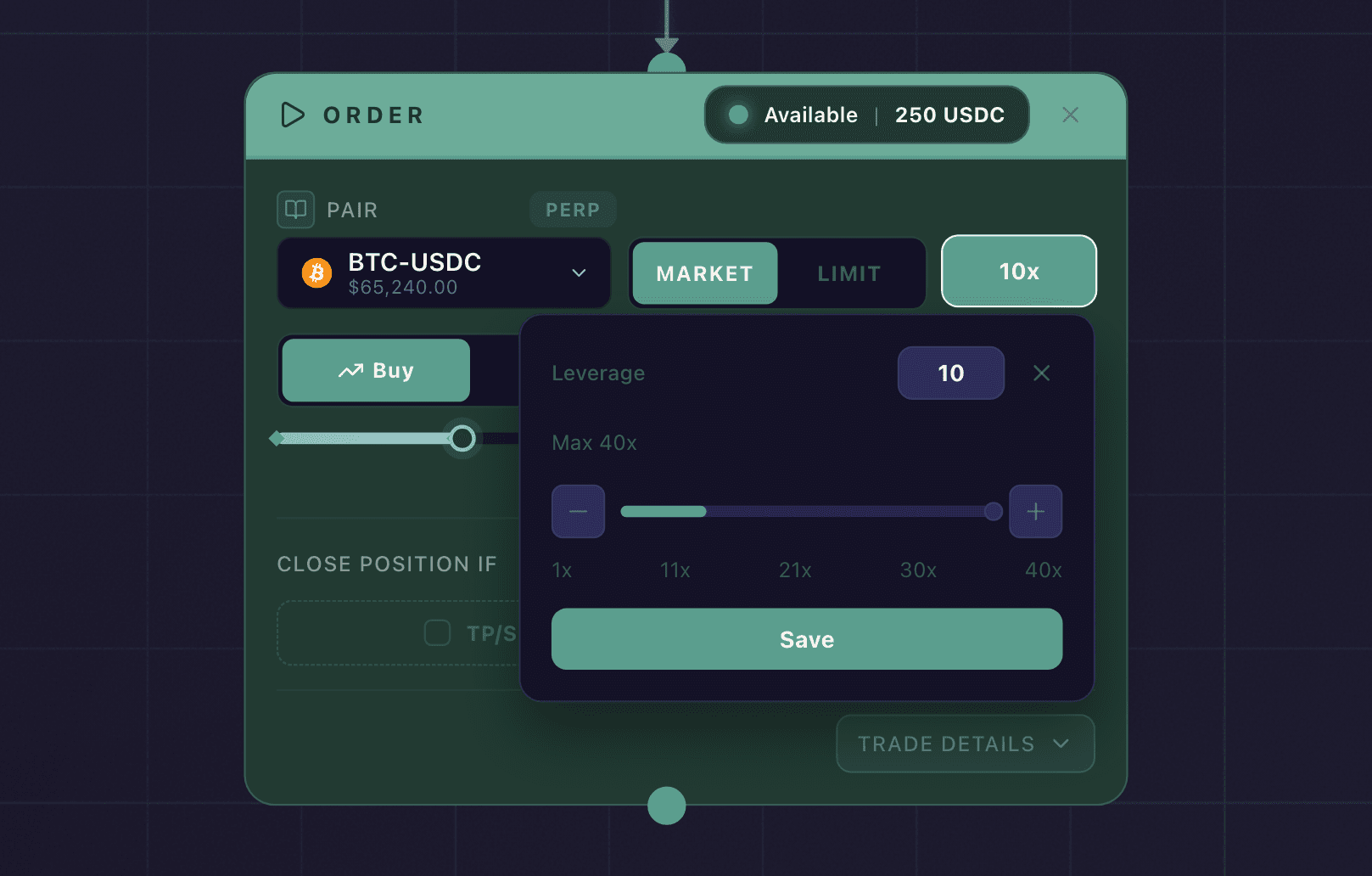 The leverage control on an Order node: a slider from 1x to 40x with the current value and a Save button