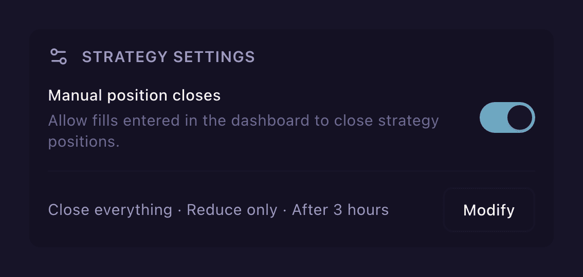 The Manual position closes toggle in the Deploy confirmation screen's Strategy settings