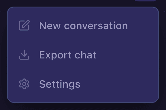The Signac header More actions menu: New conversation, Export chat, and Settings