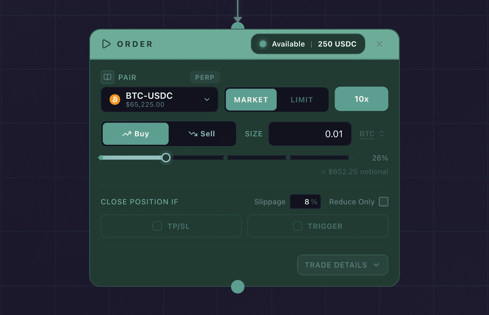 The Order node settings: market, side, size, leverage, and the inline exit conditions