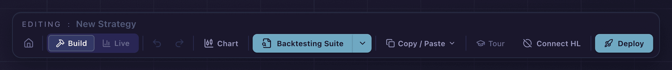 The Strategy Builder top toolbar: the Build and Live toggle, Chart, Backtesting Suite, Copy and Paste, Tour, Connect HL, and Deploy